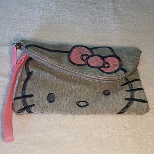 Hello Kitty Foldover Wristlet Purse Gray And Pink Clutch Embroidered
